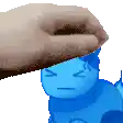 a person is petting a blue cartoon character on the head .