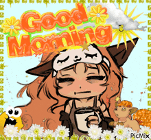 a picture of a girl with a cup of coffee and the words good morning on it
