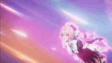 a girl in a red dress is flying through the air with a purple background .