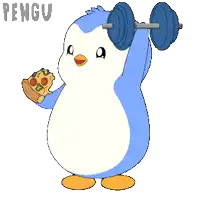 a penguin is holding a dumbbell and a slice of pizza and the word pengu is on the bottom