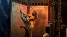 a cartoon cat is standing in a room with its arms up