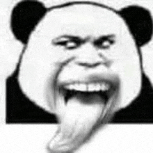 a panda bear with its tongue hanging out of its mouth .