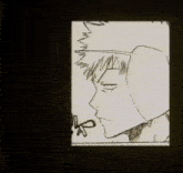 a black and white drawing of a man 's face with a scissor in the corner