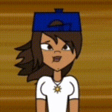 a cartoon girl wearing a blue hat and white shirt