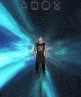 a man in a knight 's costume is standing in front of a glowing blue background