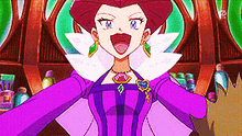 a cartoon character wearing a purple dress and earrings is standing in front of a shelf .