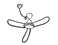 a black and white drawing of a ceiling fan with a light hanging from it