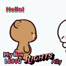 a cartoon of a teddy bear hugging another teddy bear with the words " my new lgbtq rights ally "