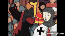 a cartoon of a knight with a cross on his chest standing in front of a crowd of soldiers .