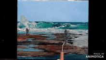 a painting of two surfers on a beach is made in animatica