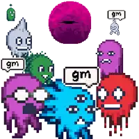 a group of pixelated ghosts with gm speech bubbles around them