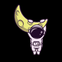 a cartoon illustration of an astronaut holding a yellow crescent moon