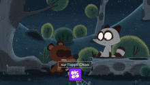a raccoon and a bear are standing next to each other with the words sur l' appli okoo above them