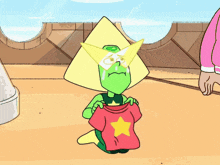 a cartoon character is kneeling down holding a red and yellow cloth
