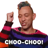 a man wearing a striped sweater with the words choo-choo on it