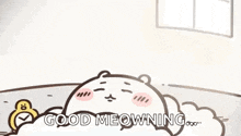 a cartoon of a cat taking a bath with a clock next to it and the words `` good meowning '' .
