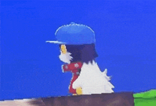 a cartoon character with a blue hat and scarf