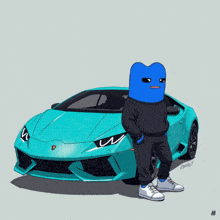a cartoon character with a blue face is standing next to a blue lamborghini