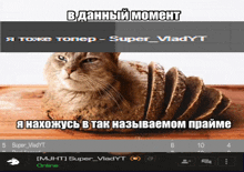 a cat is sitting on top of a loaf of bread with a caption in russian that says super vladyt