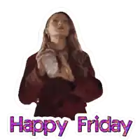 a sticker that says happy friday with a woman holding a drink