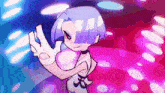 a cartoon character with blue hair is standing in front of a purple and blue background