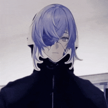 a drawing of a person with purple hair and a black jacket
