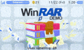 a winrar demo screen shows a stack of books and papers