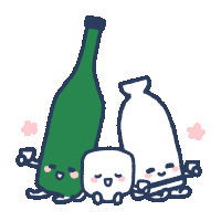 a cartoon of a green bottle and two white bottles with faces