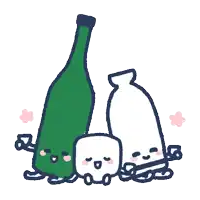 a cartoon of a green bottle and two white bottles with faces