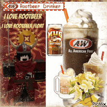 a picture of a rootbeer drinker and a picture of a mug root beer