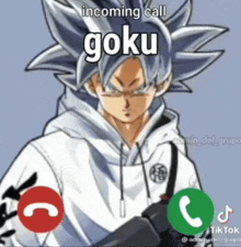 a cartoon of goku talking on a phone with a caption that says incoming call goku