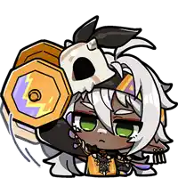 a cartoon character with a skull on her head holding a hammer