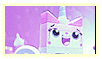 a close up of a cartoon character with a unicorn horn and a purple background .