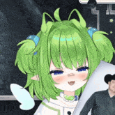a cartoon character with green hair and blue eyes is smiling