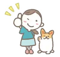 a cartoon drawing of a woman giving a thumbs up next to a dog