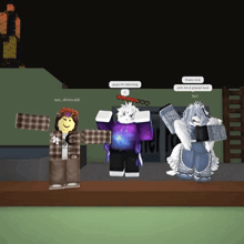 a group of roblox characters are standing next to each other and one of them has a purple shirt on that says galaxy on it