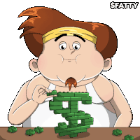 a cartoon of a fat man eating a dollar sign made of lego bricks