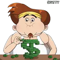 a cartoon of a fat man eating a dollar sign made of lego bricks