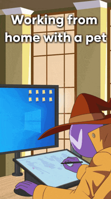 a cartoon drawing of a man working from home with a pet
