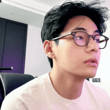 a close up of a person wearing glasses