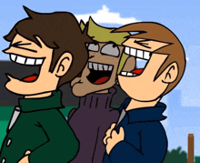three cartoon characters are posing for a picture and one of them has the letter f on his chest