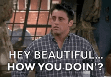 a man in a plaid shirt is saying `` hey beautiful ... how you doin ? ''
