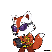 a cartoon of a fox holding a phone that says " my first nft " on it