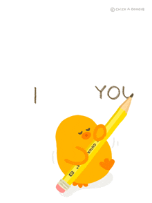 a chick is holding a pencil and writing the word you
