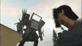 a man standing next to a robot with a calculator and speakers on its back