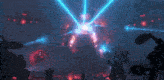 a group of robots are fighting each other in a dark room with red lights coming out of the walls .