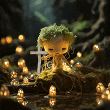 a figurine of a tree holding a cross in the woods