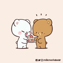 a cartoon of two teddy bears holding a cake with strawberries on it