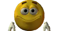 a yellow smiley face with big eyes and white gloves on