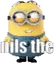 a minion wearing goggles and overalls with the words `` nils the '' written on his chest .